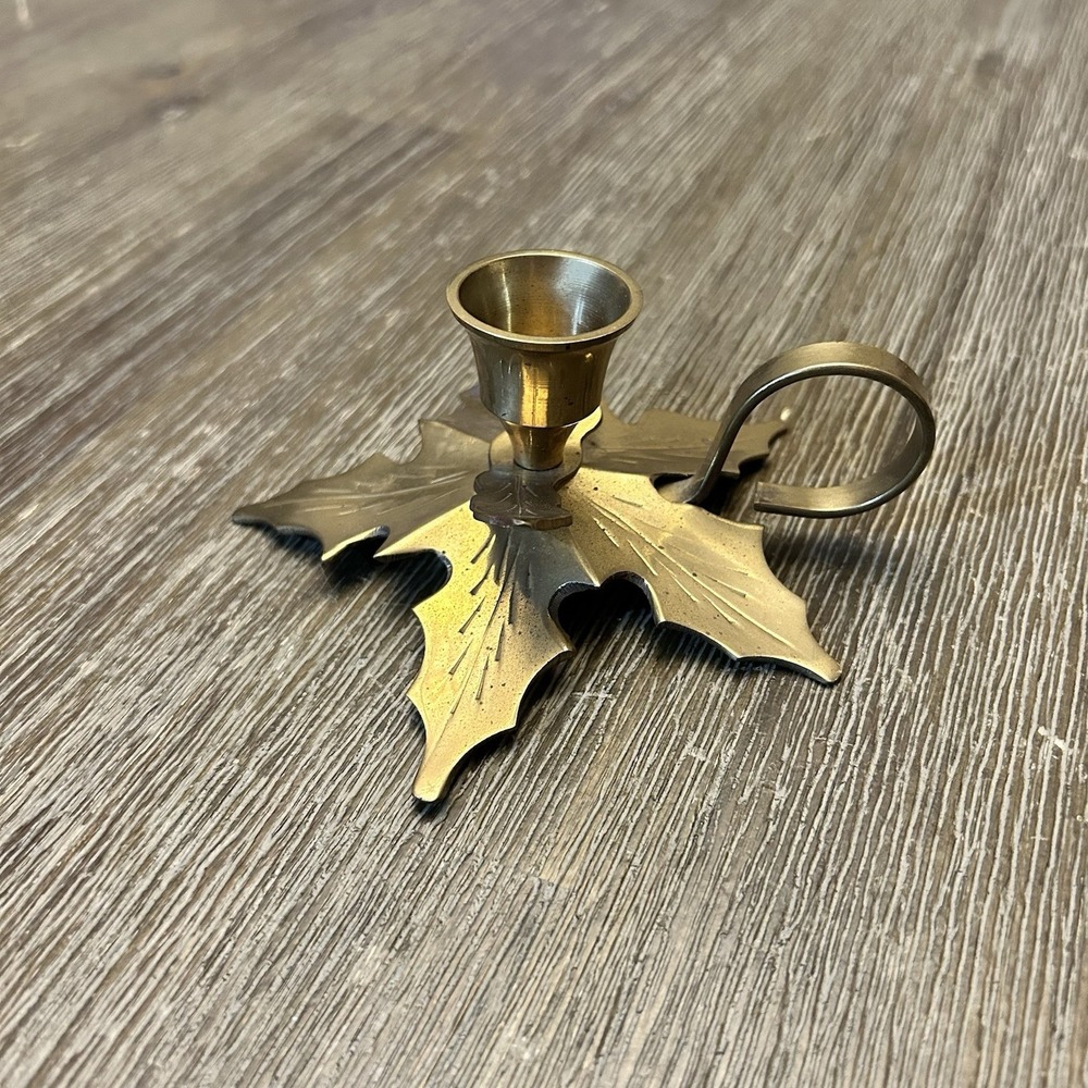Vtg Solid Brass Leaf Shaped Tapered Candle Holder Christmas - India Archana